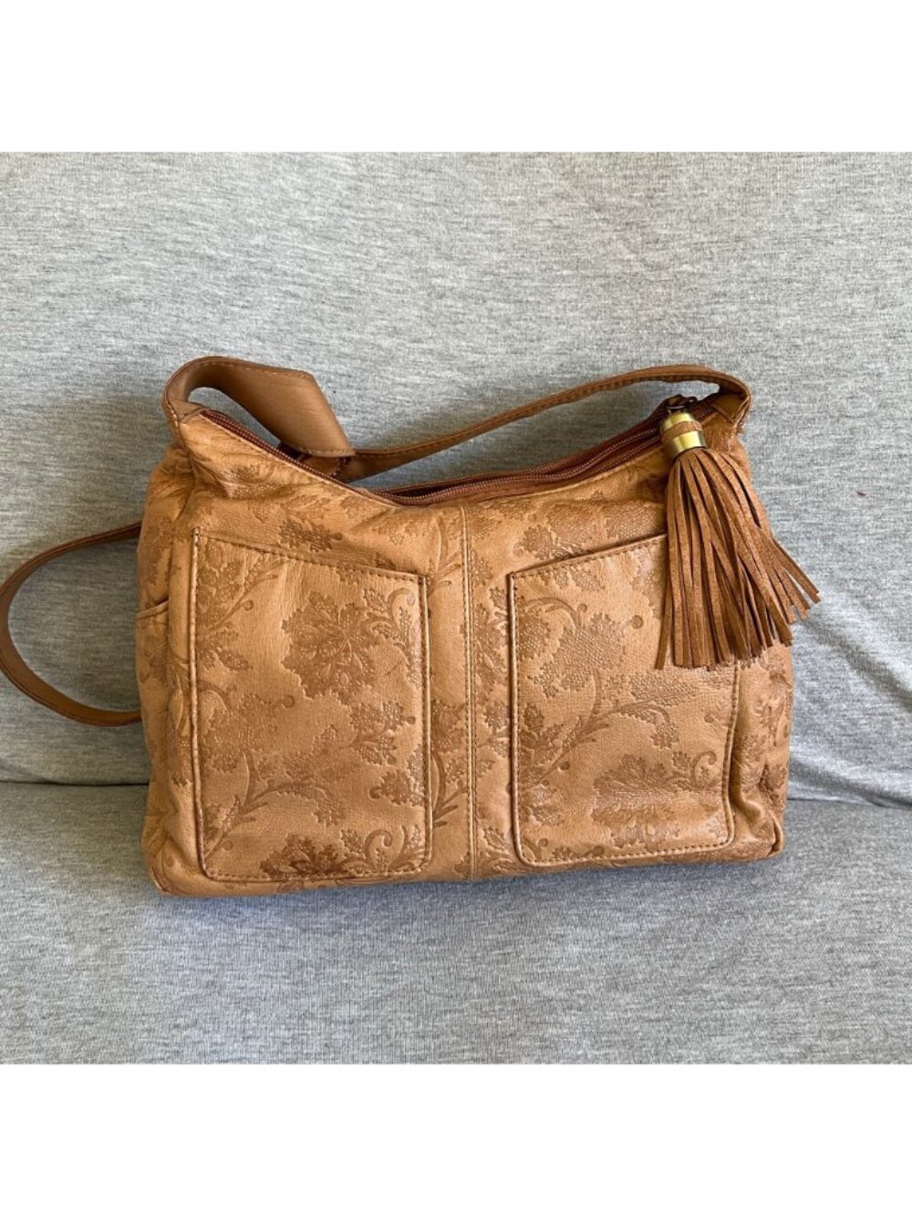 Cabin Creek Floral Embossed Faux Leather Shoulder Bag With Tassel Accent & Pocke - Picture 2 of 4